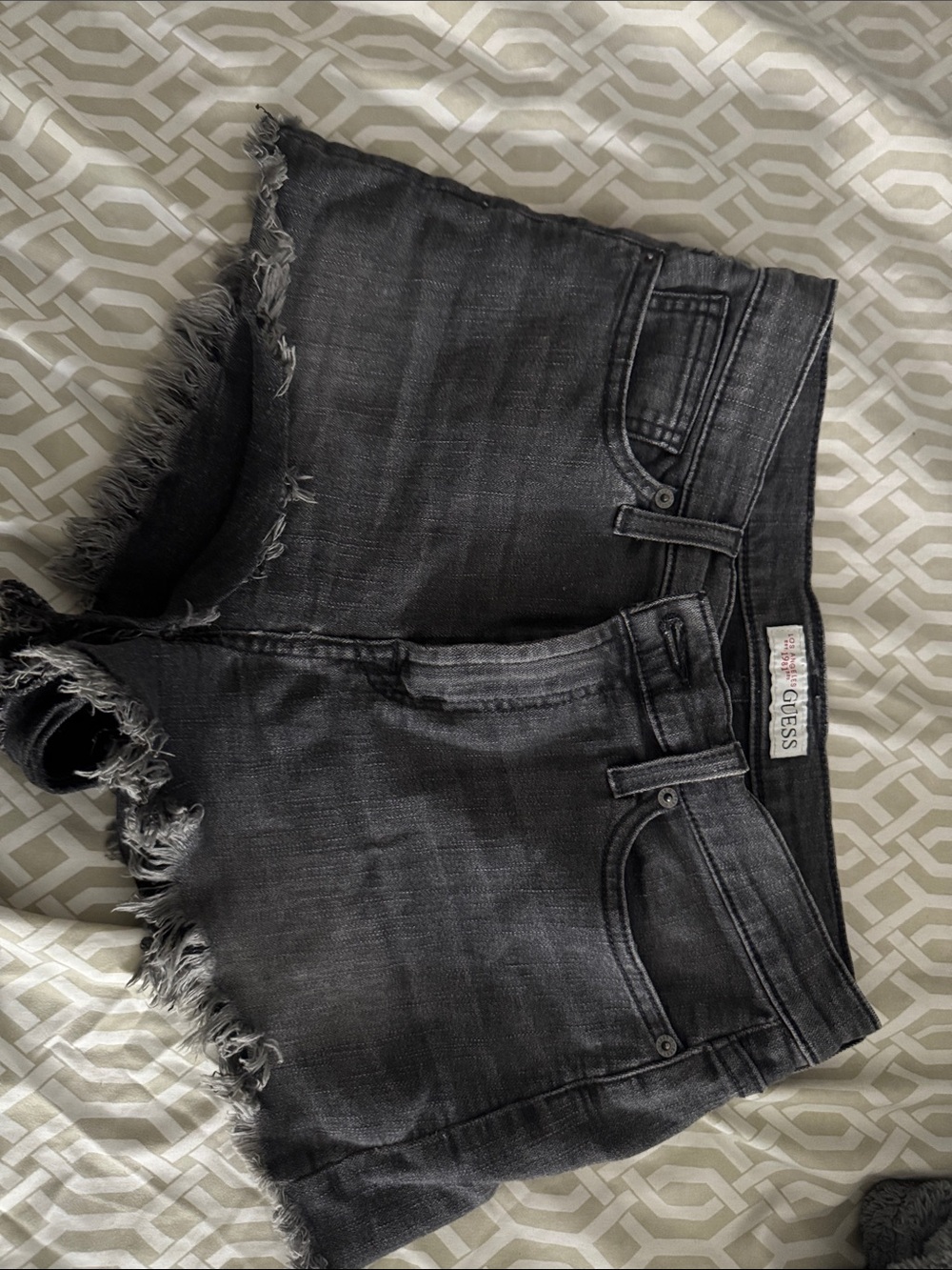 Guess Black Frayed Hem Denim Shorts